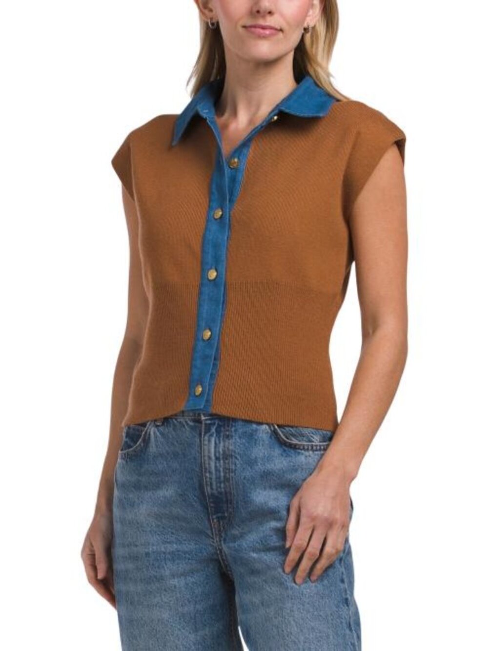 RIO & RIAN Collared Neck Sleeveless Button Up Cardigan With Denim Trim